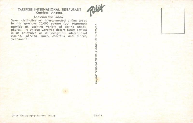 CAREFREE ARIZONA INTERNATIONAL RESTAURANT LOBBY 25000 SQUARE FEETPOSTCARD c1960s