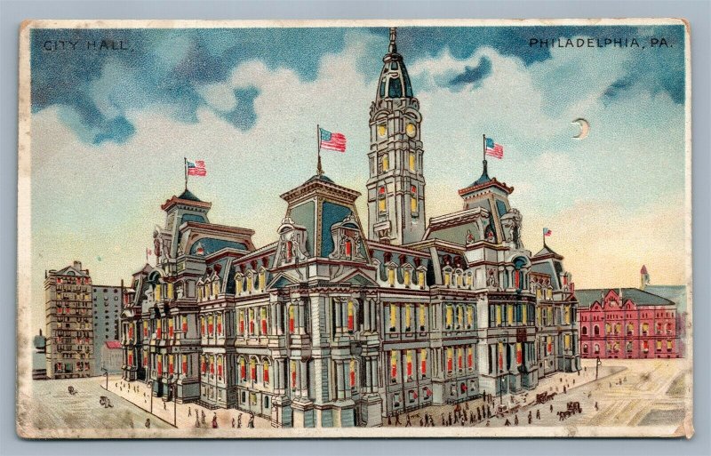 HOLD TO LIGHT PHILADELPHIA PA CITY HALL ANTIQUE POSTCARD HTL