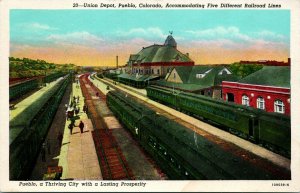 Vtg Postcard Pueblo Colorado Union Railroad Passenger Depot 3 Sets of Tracks