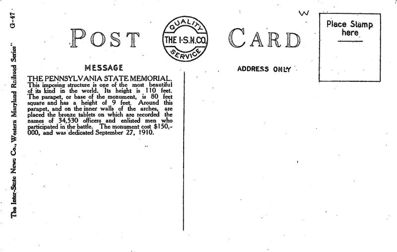 Pennsylvania Memorial Gettysburg Battlefield PA 1910c postcard