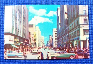 Vintage 1950's Ste. Catherine St and Peel Old Cars Montreal Canada Postcard