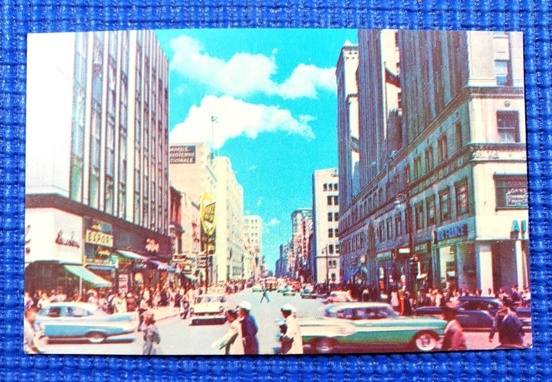 Vintage 1950's Ste. Catherine St and Peel Old Cars Montreal Canada Postcard