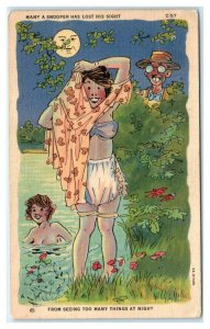 RISQUE Ray Walters c1930s Linen Comic ~ SEEING TOO MANY THINGS At NIGHT Postcard