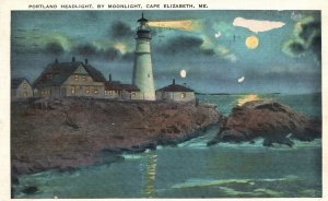 Vintage Postcard Portland Head Light Moonlight Cape Elizabeth Maine Chisholm Pub