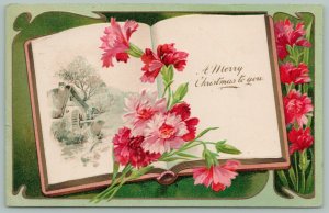 PFB Christmas~Page Open In Book Reveals Old Mill Scene~Red Flowers Lay On Pages