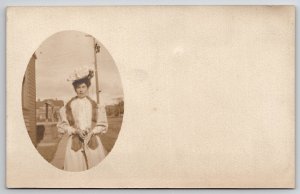 RPPC Lovely Victorian Woman Large Hat Fur Stole Oval Masked Photo Postcard J25