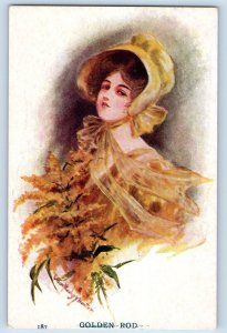 Artist Signed Postcard Pretty Woman Golden Rod With Bonnet Flowers Advertising