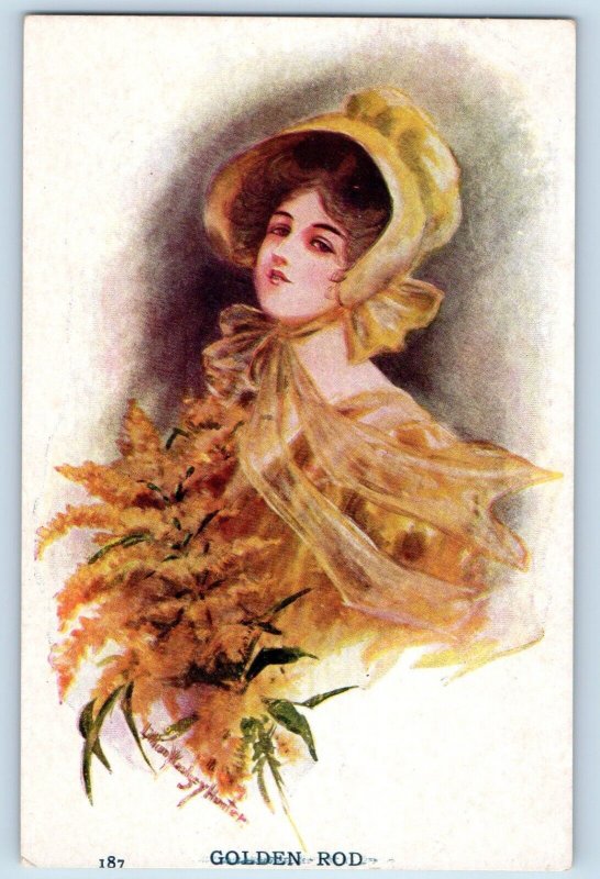 Artist Signed Postcard Pretty Woman Golden Rod With Bonnet Flowers Advertising