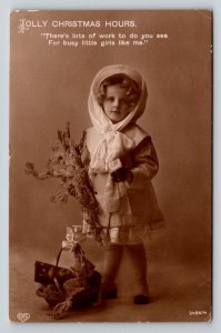1912  Jolly Christmas Hours  Little Girl     Postcard