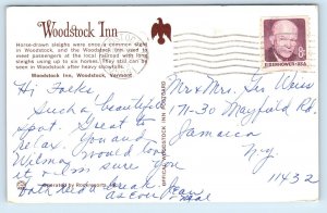 1973 Woodstock Vermont Postcard Inn Horse-Drawn Sleighs Building Railroad Posted