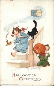 Halloween Girl Black Cat Scared by Brother Frances Brundage c1910 Postcard