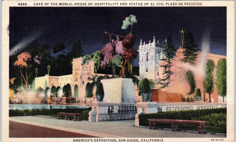 SAN DIEGO, CA California   1935 EXPOSITION Statue of EL CID, etc. Linen Postcard