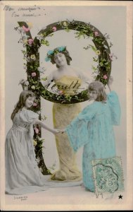 B578 Alphabet floral letter P fantasy beauty young ladies round dance postcard