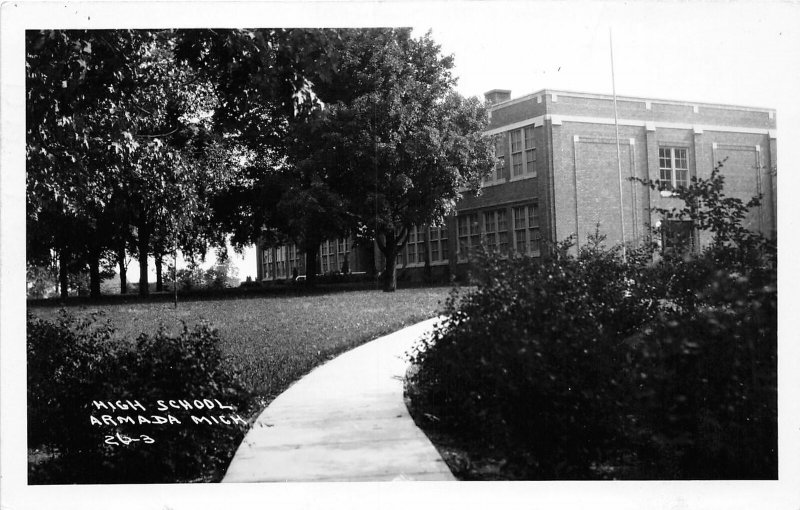 H44 Armada Michigan RPPC Postcard 1951 High School Building 15