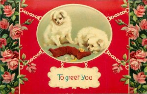 Embossed Postcard 1800 Small White Dogs To Greet You, H. Maguire Unposted Nice