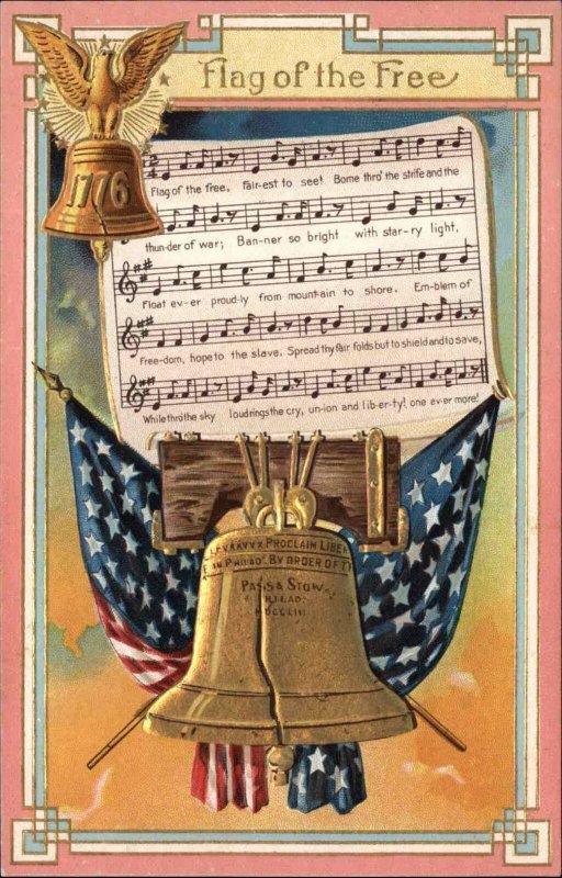 US Patriotic Sheet Music Liberty Bell FLAG OF THE FREE c1910 Embossed Postcard