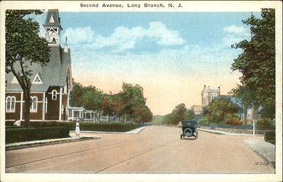 Long Branch NJ Second Ave Car & Church c1920 Postcard