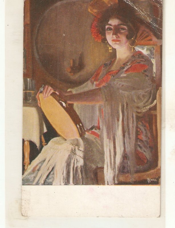 P.Casas. Spanish lady with tambourine Nice Spanish Postcard 1930s
