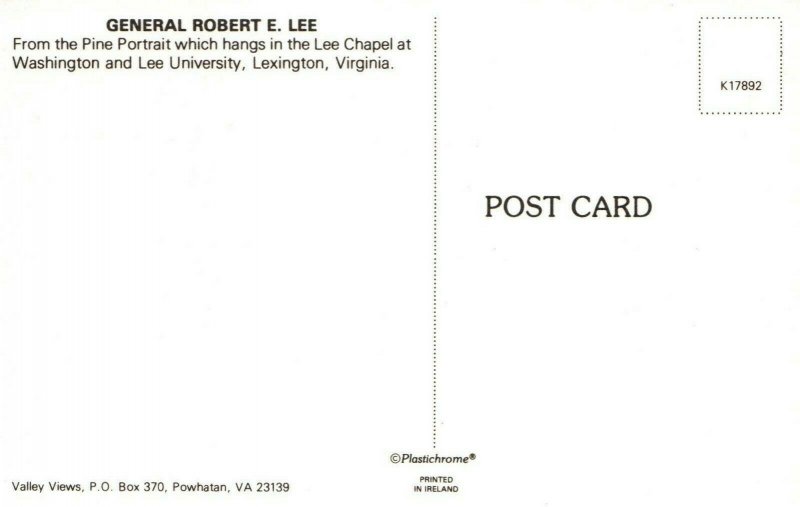 General Robert E Lee Pine Portrait Lee Chapel Lexington Virginia Postcard 