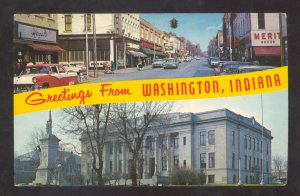 WASHINGTON INDIANA DOWNTOWN STREET SCENE OLD CARS COURT HOUSE POSTCARD