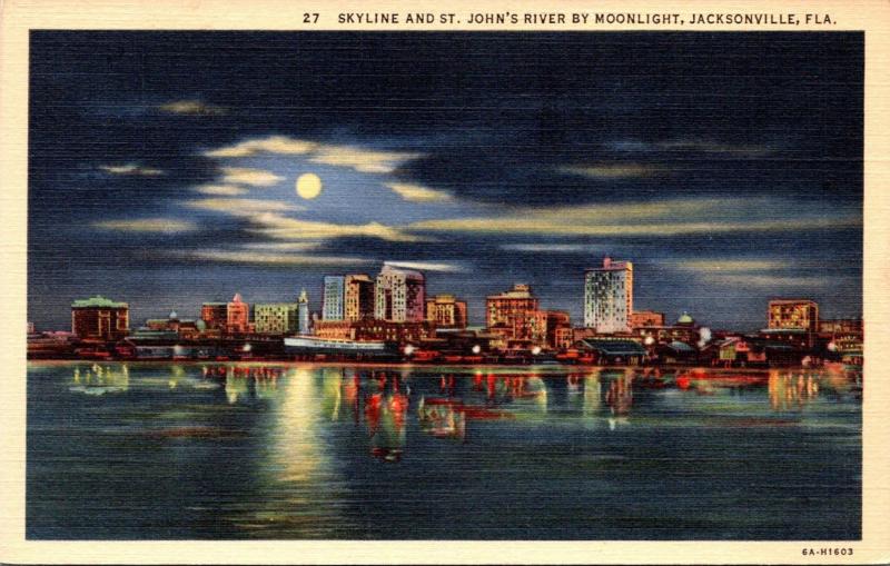 Florida Jacksonville Skyline and St John's River By Moonlight 1945 Curteich