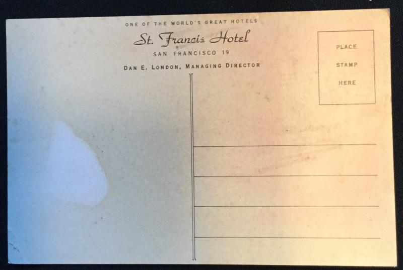 St Francis Hotel SFO CA Unused Postcard LB