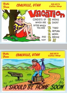 2 Postcards COALVILLE, Utah UT ~ Comic Advertising DEAN'S COFFEE SHOP Roadside