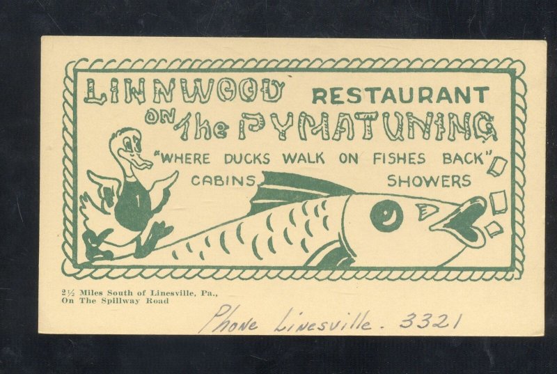 LINESVILLE PENNSYLVANIA PA. LINNWOOD RESTAURANT DUCK ADVERTISING POSTCARD