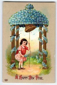 New Years Postcard Girl Ring Bell Gazebo Forget Me Not Flowers Gel EAS Germany