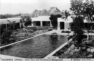 1950s Uxmal Mexico Hotel  Hacienda Swimming Pool ruins Postcard RPPC 24-11608
