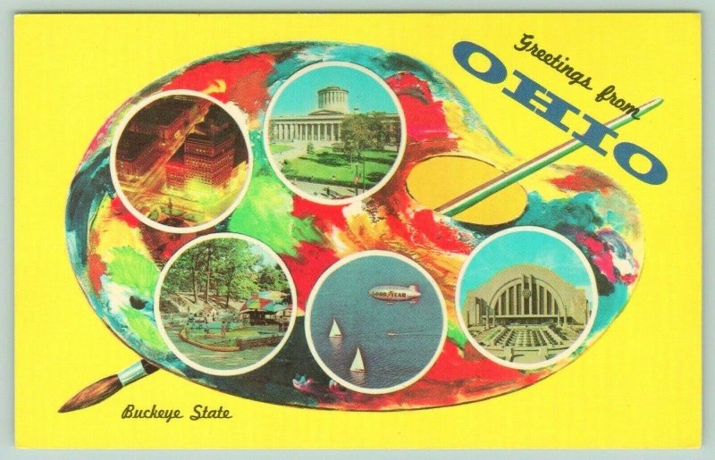 Ohio~Buckeye State Artist Palette Greetings~Goodyear Blimp~Toledo Zoo~1963 PC 