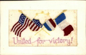 WWI Patriotic America United States France Unity Flags Shields Embroidered Silk