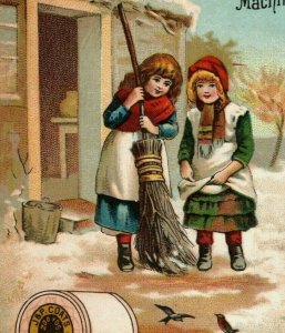 1880s J&P Coats Spool Cotton Adorable Girls With Besom Broom Winter Cottage P98