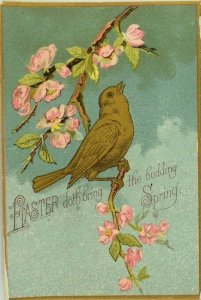 1880's-90's Victorian Easter Card Bird In Tree Blossoms Flowers P78