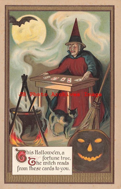 4 Postcards Halloween Set, Unknown No UP07, Witches, Cats, Bats, Playing Cards