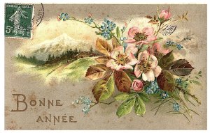 Bonne Annee Beautiful Floral Bouquet Winter Scene French Postcard
