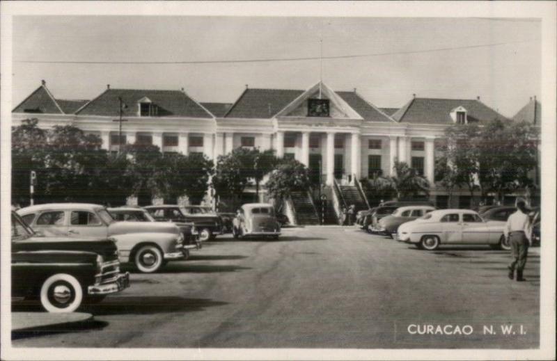 Curacao NWI Old Cars & Municipal Bldg Real Photo Postcard