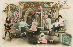 French Hand-Colored RPPC 473 Children Little Girls Toys Dolls Noel Christmas