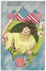 Patriotic Beautiful Lady Waving American Flags 1909
