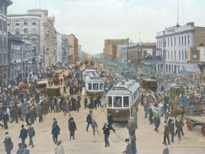 Trolley Cars / Trams on Portage Avenue Winnipeg Manitoba Canada Antique Postcard