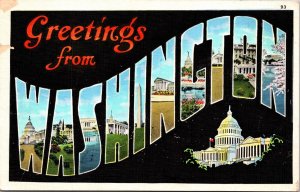 Large Letter Greetings from Washington Postcard linen