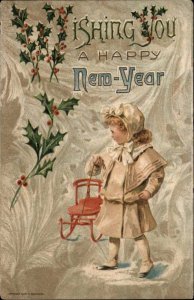 New Year Little Girl with Sled Beautiful Art Embossed c1910 Vintage Postcard