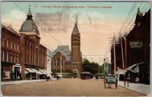 1912 Toronto Canada Postcard College Street at Spadina Ave Streetcar Scene H82