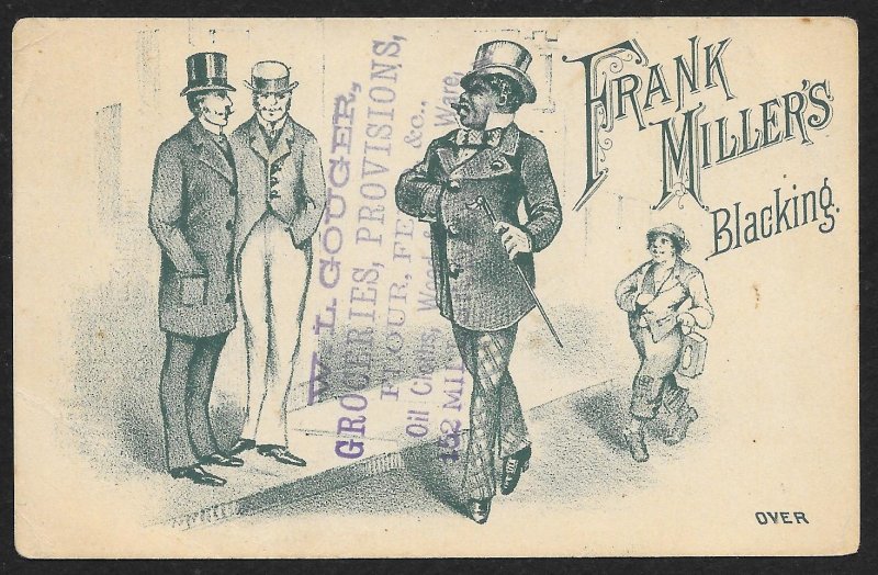 VICTORIAN TRADE CARD Frank Millers Blacking Fancy Dressed Black Man Hat & Cane