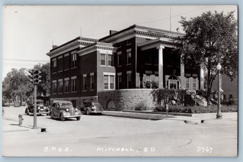 Mitchell South Dakota SD Postcard RPPC Photo B P O E Building Cars c1940's