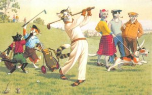 DRESSED ANIMALS CATS GOLFING DOG ON LEASH MAINZER COMIC POSTCARD (c. 1940s)