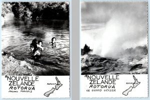 2 RPPC Postcards ROTORUA, NEW ZEALAND ~ Grand Geyser YOUNG MAORIS River  4x6