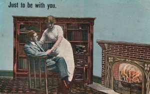 Vintage Postcard 1919 Lovers Couple Sweet Romance Holding Hands Fireplace