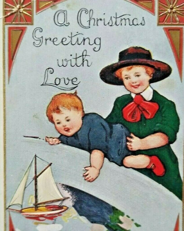 Vintage Christmas Postcard Children Sailing Boat Ship Whitney Embossed 1914