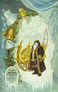 1880's Christmas Card Santa In Furry Coat Gold Swan Sleigh Ice Castle F59